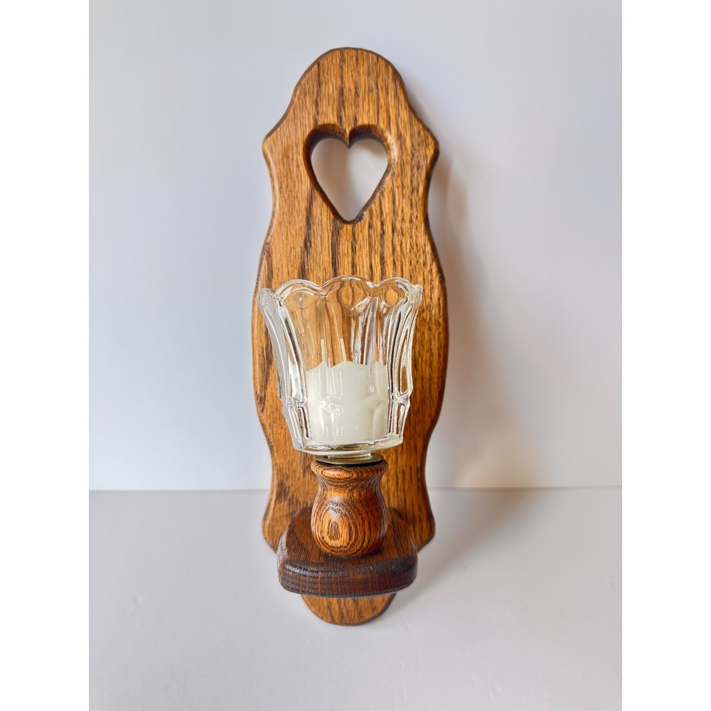 Vintage Oak Wood Wall Sconce Heart Cutout Glass Votive Candle Holder Farmhouse